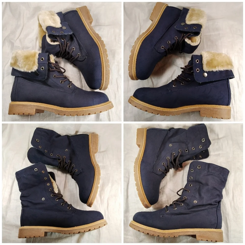 DREAM PAIRS Navy Blue BOOTS Womens Size 10 Faux Fur Lined Lace Up Fold Ankle